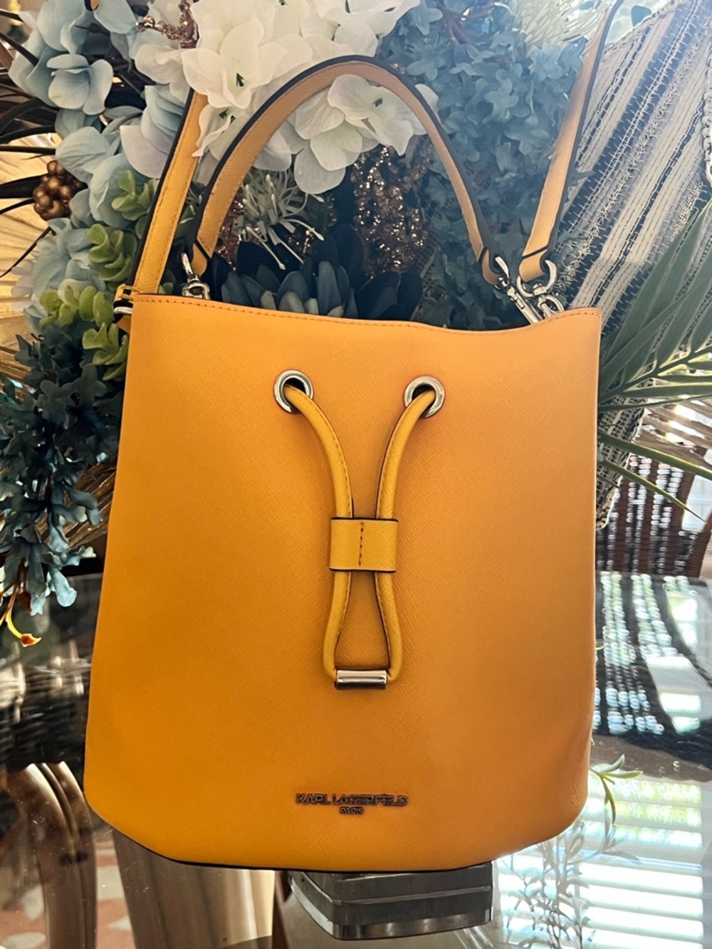 Karl Lagerfeld Yellow Saffiano Shoulder Bucket Bag